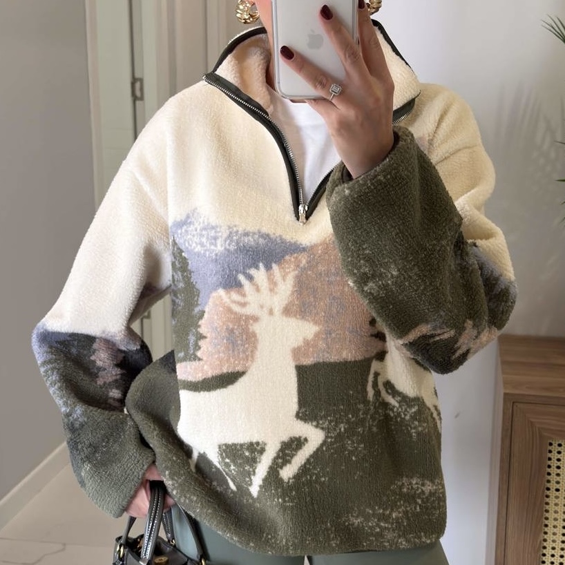 نیم زیپ تدی طرح گوزن سفید